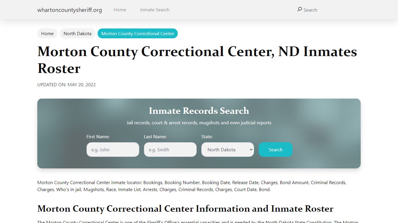 Morton County Correctional Center, ND Jail Roster, Name Search